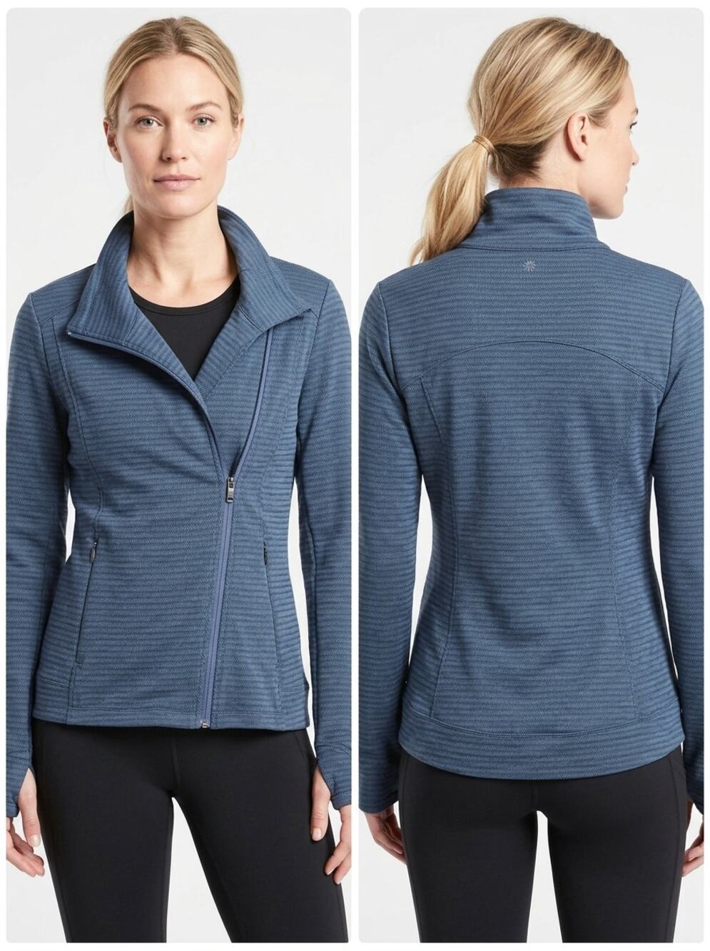 Athleta Asymmetrical Zip Herringbone Knit Jacket Blue Women Size S